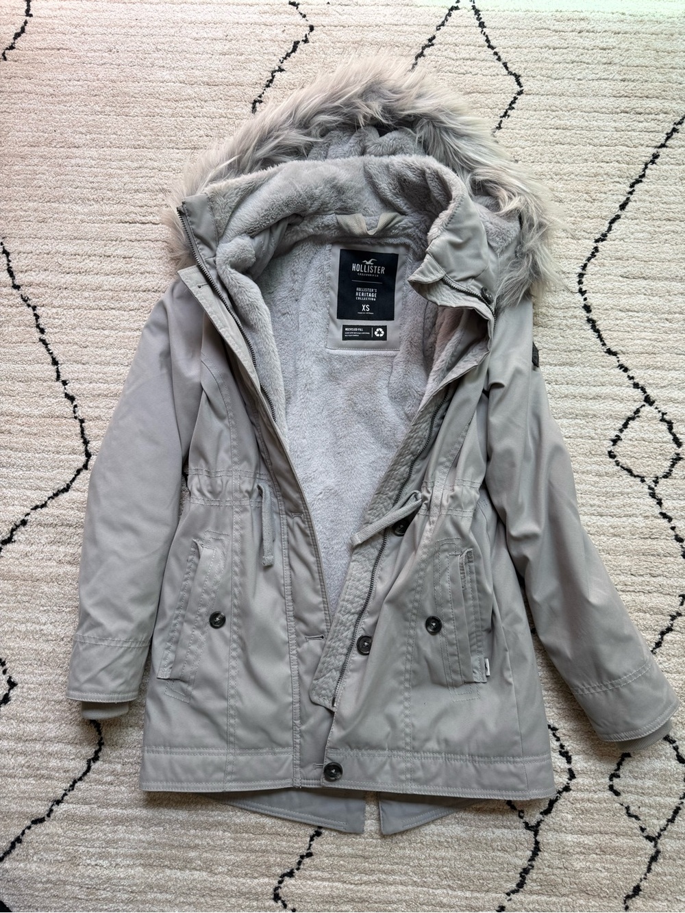 Hollister Women's Light Gray Hooded Faux-Fur Trim Utility Parka